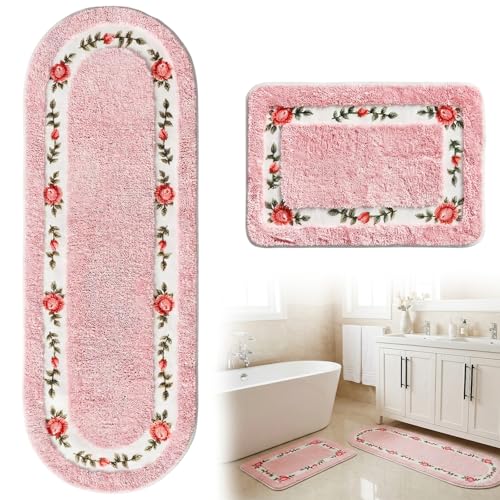 2-Piece Rose Flower Bathroom Rug Set, Soft Absorbent Non-Slip Floral Mats