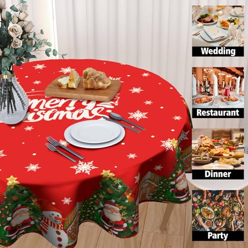 Granbey Merry Christmas Santa Snowman 60in Round Tablecloth – Christmas Snowflakes & Trees