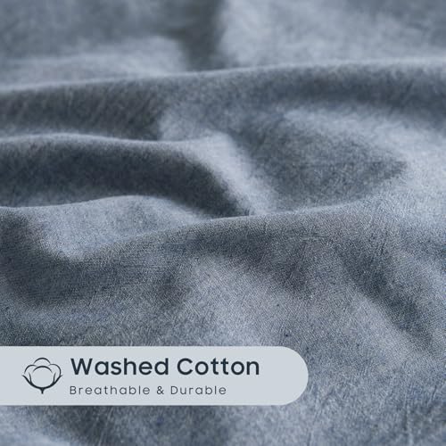 100% Washed Cotton Queen Duvet Cover Set - 3-Piece Bedding, Denim Blue