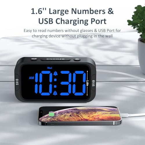 Digital Dual Alarm Clock for Bedroom - 0-100% Dimmable Blue Display