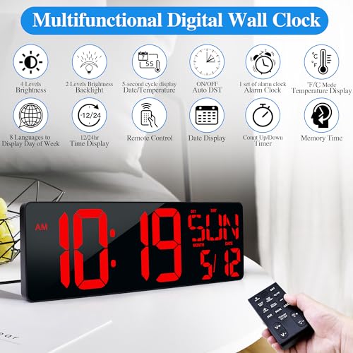 17.2-Inch Large Digital Wall Clock with Remote Control and LED Display