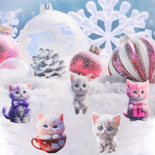 Acrylic Cat Christmas Ornaments 5Pcs Set | 3-Inch Keychains & Tree Decorations