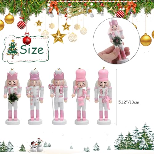 5-Piece Pink Wooden Christmas Nutcracker Ornament Set - Tree & Table Decor