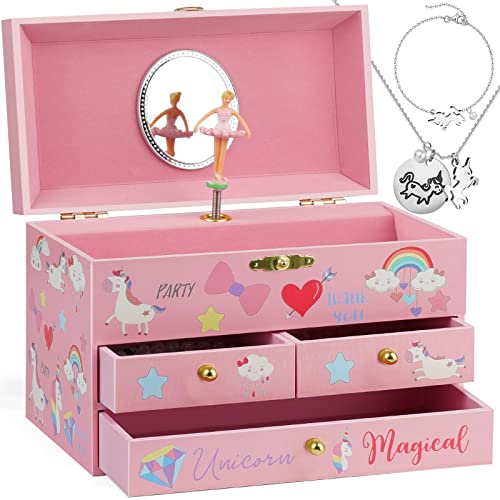 Unicorn Musical Jewelry Box with 3 Drawers and Jewelry Set for Girls