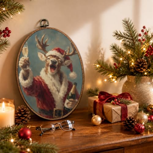 S GDNAMR Funny Christmas Reindeer Oval Framed Wall Art 8.6x11.4in - 34 Colour