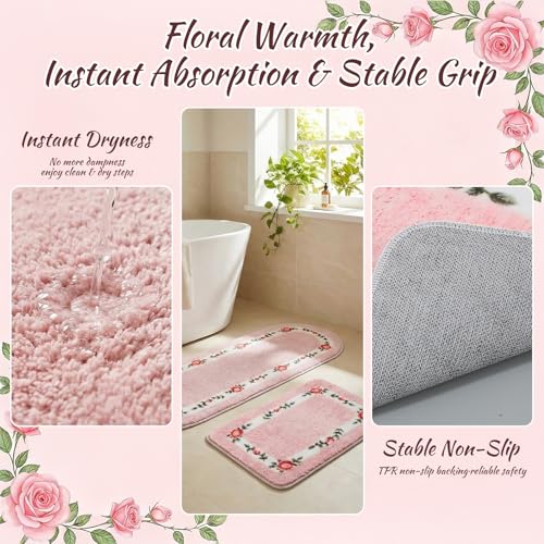 2-Piece Rose Flower Bathroom Rug Set, Soft Absorbent Non-Slip Floral Mats