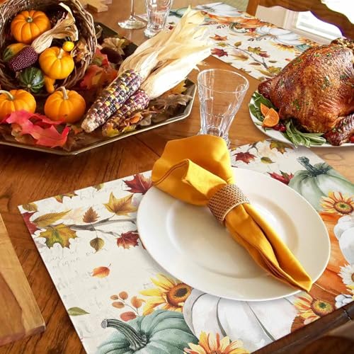 HELLOWINK Set of 6 Fall Pumpkin Placemats - Orange & Green Autumn Table Mats