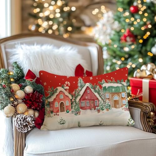 RABUSOFA 12x20 Christmas Pillow Cover Wonderland Forest House Red - Pack of 1