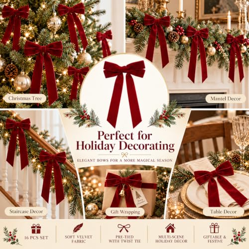 Wironlst Burgundy Velvet Christmas Bows 16-Pack for Tree & Holiday Decor