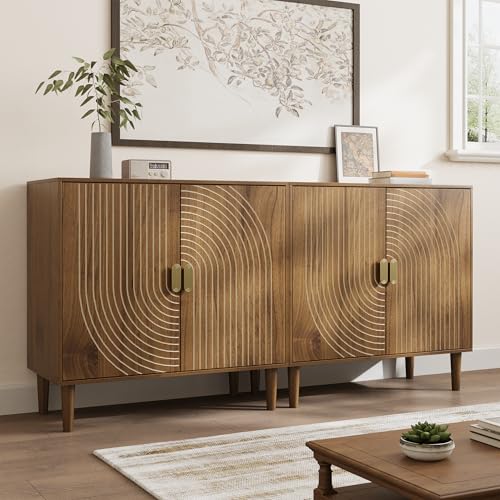 Walnut Wood Sideboard Cabinet with Adjustable Shelf and Line Groove Design