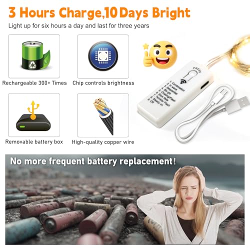 Rechargeable Fairy Lights with Remote & Timer - 6 Pack 7ft Warm White LED