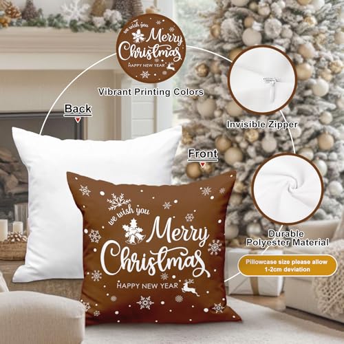Lanpn 18x18 Christmas Throw Pillow Covers Set of 4, Brown Merry Xmas Snowflake Holiday Cushion Cases