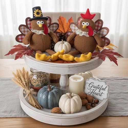 Plush Turkey Couple Decor Set with Dangling Legs - Fall Tabletop Centerpiece