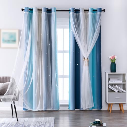 Star Cutout Blackout Curtains, Double Layer Lace Drapes 52x63 Inch