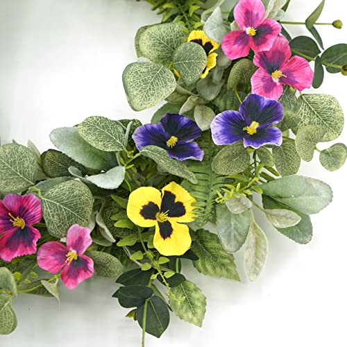 20-Inch Artificial Pansy Wreath with Lambs Ear and Eucalyptus for Front Door