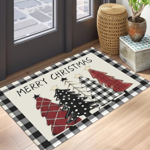 Christmas Area Rug 2x3 Ft Xmas Tree Buffalo Plaid Entryway Rug - Black