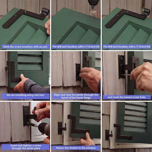 Heavy Duty Shutter Hinges and S-Holdback Hooks Kit, 2-Set Black Iron Hardware