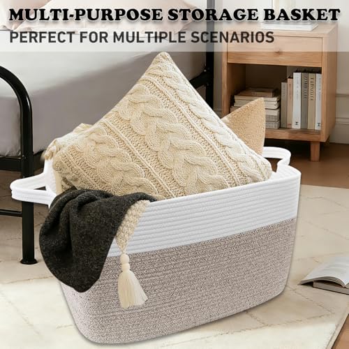 HZFTJOY 65L Cotton Rope Laundry Basket & Blanket Storage, 21"x16"x12"