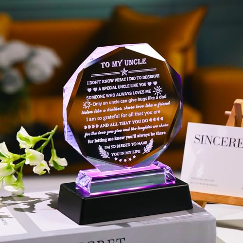 Uncle Gifts Crystal Keepsake with LED Base - Colorful Light, From Niece Nephew (Style 2) - Father’s Day Birthday