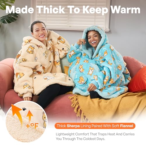Oversized Wearable Blanket Hoodie with Pockets - Soft Sherpa Fleece Cat Print