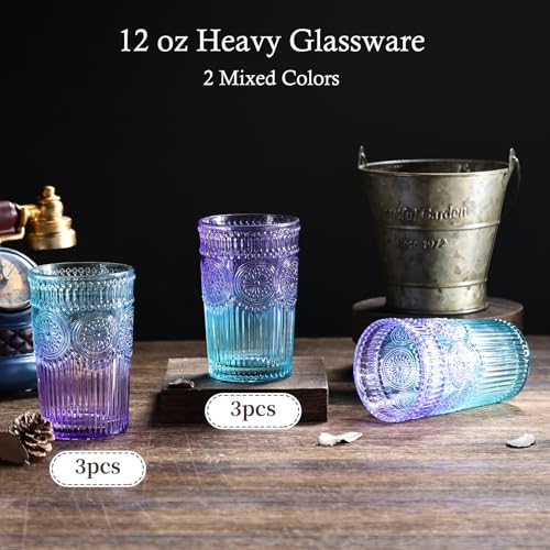 Loivttvv Lavender Dream 6pcs Vintage Ribbed Glass Drinking Set, 12 oz Cocktail & Water Glasses
