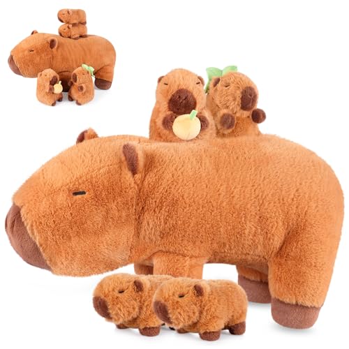 Capybara Plush Family Set: 17-Inch Mommy with 4 Baby Stuffed Animals