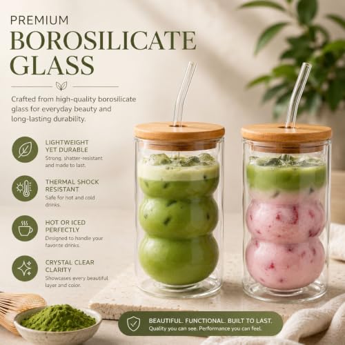 Ribbed Glass Cups with Bamboo Lids and Straws - 16oz Set of 2