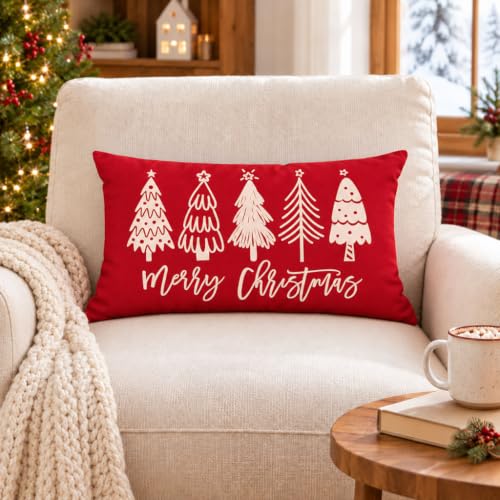 HERHOME Christmas Pillow Covers 12x20 Red Merry Christmas Tree Decor (Pack of 1) 20" x 12"