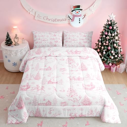 Castle Fairy Pink White Sketch Full Size Christmas Comforter Set with 2 Pillowcases, 79x90