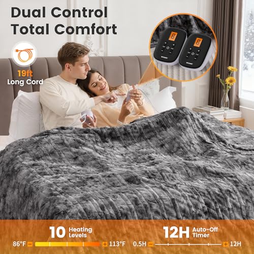 Electric Heated Blanket King Size 100" x 90" Faux Fur Marble Gray Dual Controllers