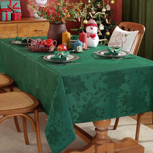 SASTYBALE Green 60x84 Inch Poinsettia Jacquard Christmas Tablecloth, Heavy Duty Wipeable