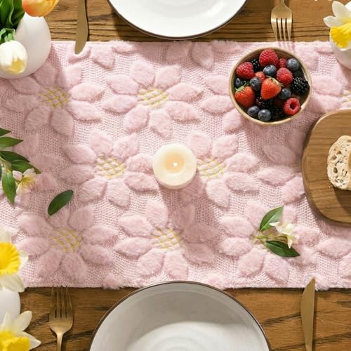 Artoid Mode Pink Soft Plush Faux Fur Jacquard Embroidery Sunflower Table Runner 13x48