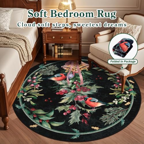 nesrt Black Christmas Round Washable Area Rug 6ft Non-Slip Holiday Carpet - Xmas Black, Round
