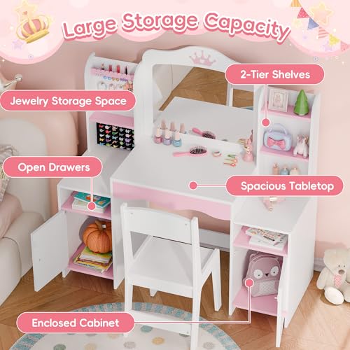 Kids Vanity Set with Mirror, Stool, and Jewelry Storage - White Wooden Desk