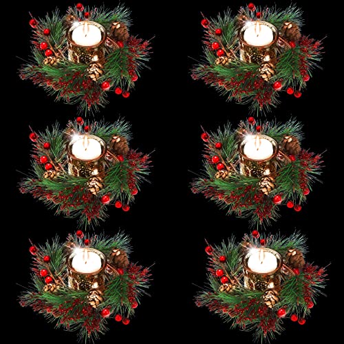 Artificial Christmas Candle Rings with Berries and Pine Cones - Set of 6