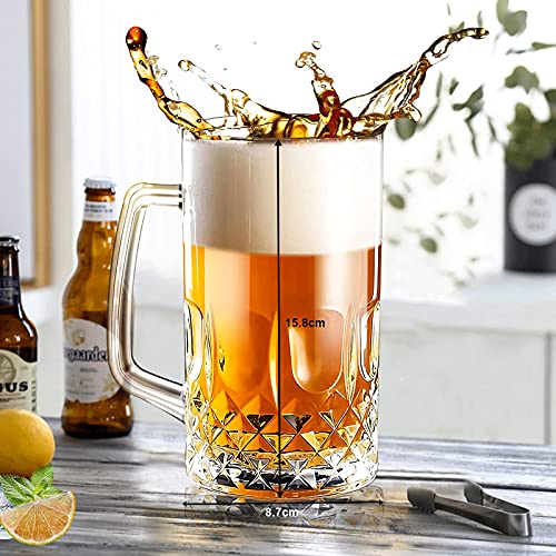 20 oz German Beer Stein Mugs, Clear Tall Beer Glasses with Handle, Set of 2