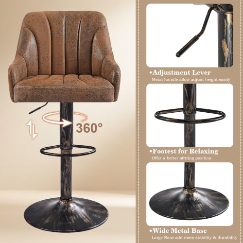 Adjustable Swivel Bar Stools with Back and Arms, Set of 2, Brown PU Leather
