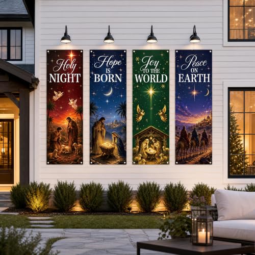 4Pcs Nativity Church Banner Set - 72 x 24 in, MOIZYNG National/ Holy Night Joy to the World Peace on Earth Hope Is Born