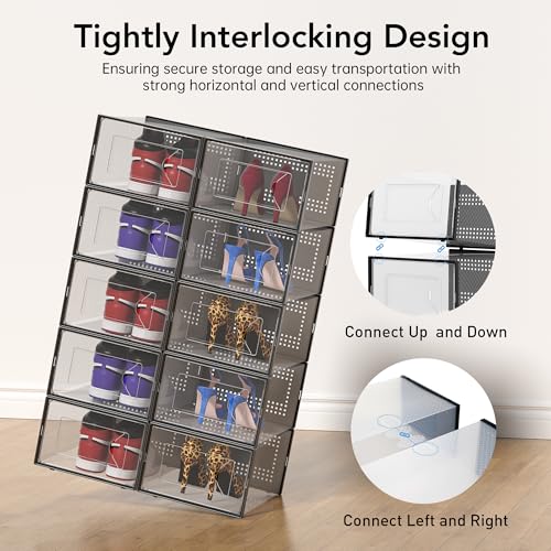 Clear Plastic Stackable Shoe Storage Boxes - 15 Pack Interlocking Organizers