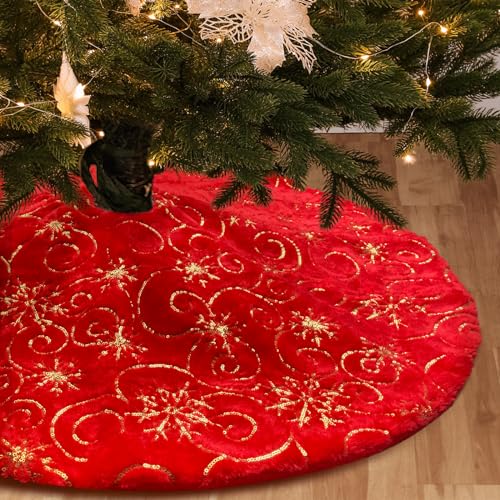 Red Christmas Tree Skirt with Gold Sequin Snowflakes Plush Faux Fur