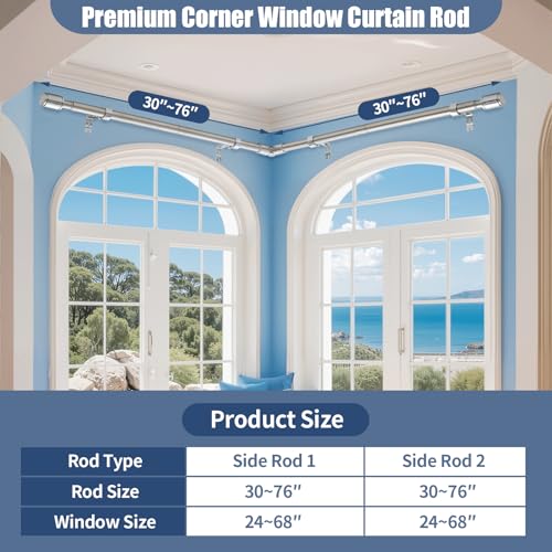 Heavy Duty 1-Inch Adjustable Corner Curtain Rod Set, 30-76 Inch, Silver