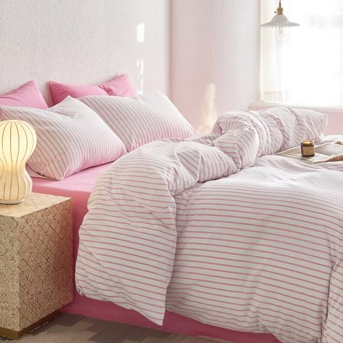 Pink Striped Cotton Duvet Cover Set - Queen Farmhouse 3-Piece Bedding