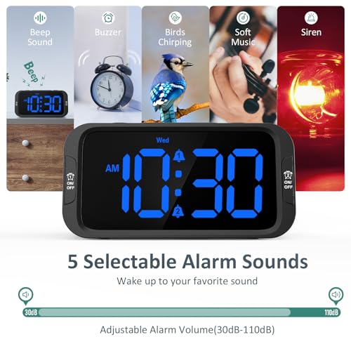 Digital Dual Alarm Clock for Bedroom - 0-100% Dimmable Blue Display