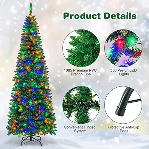 7.5FT Prelit Pencil Christmas Tree, Slim Hinged Fir Tree with 350 LED Lights