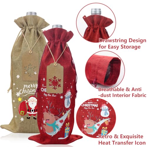 Christmas Wine Bottle Bags 12 Pack Reusable Jute Gift Bags with Winter Patterns