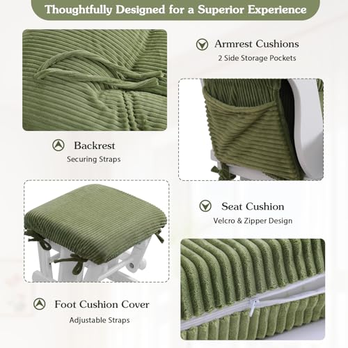 5-Piece Glider Rocker Replacement Cushions with Storage Pockets, Green Fleece