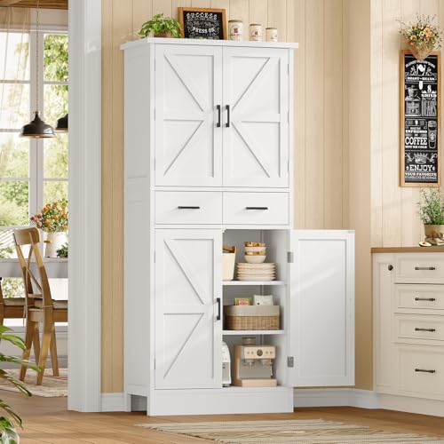 Tall Farmhouse Pantry Cabinet with Barn Doors, Adjustable Shelves & Drawer