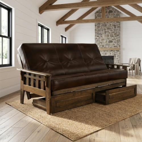 Full Size Futon Sofa Bed with Storage Drawers - Rustic Walnut Finish
