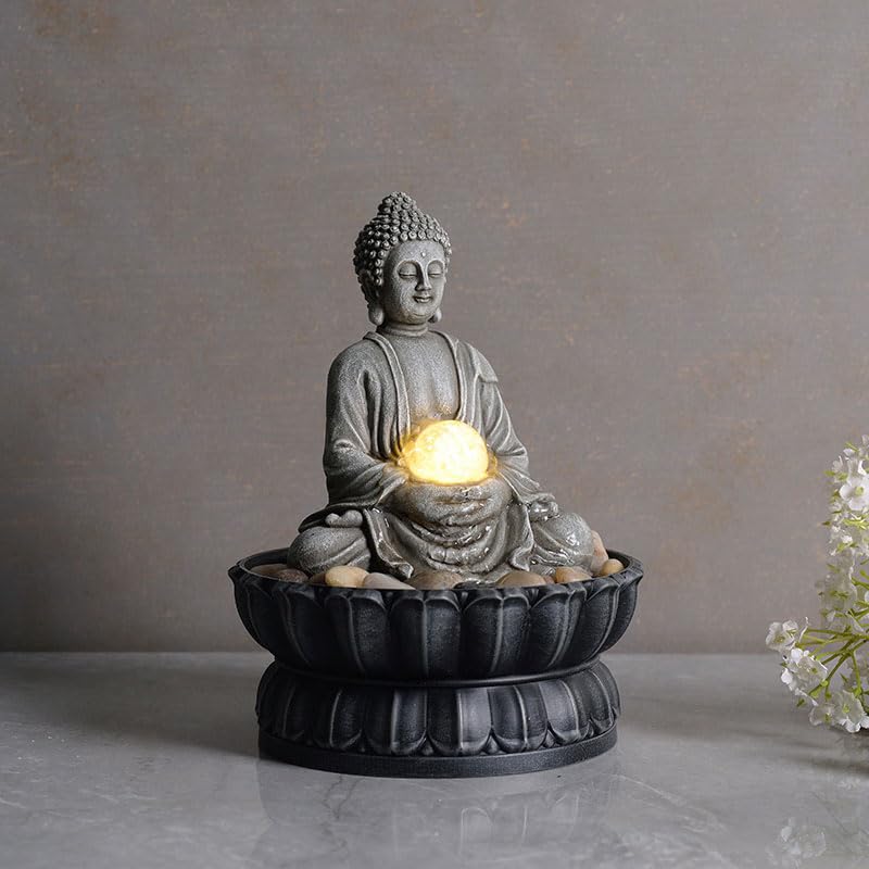 Meditating Buddha Tabletop Water Fountain with LED Glass Orb - 9.6 Inch