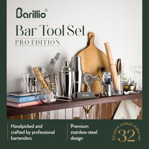 Barillio Silver Pro Cocktail Bar Tool Set - 32-Piece Mixology Bartender Kit with Boston Shaker & Muddler